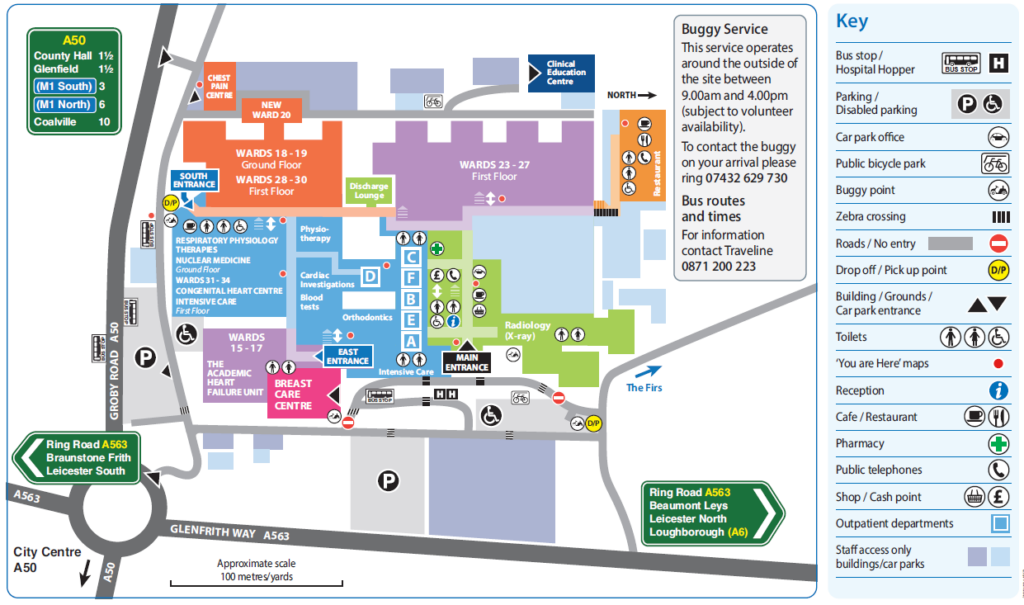 A map of Glenfield Hospital