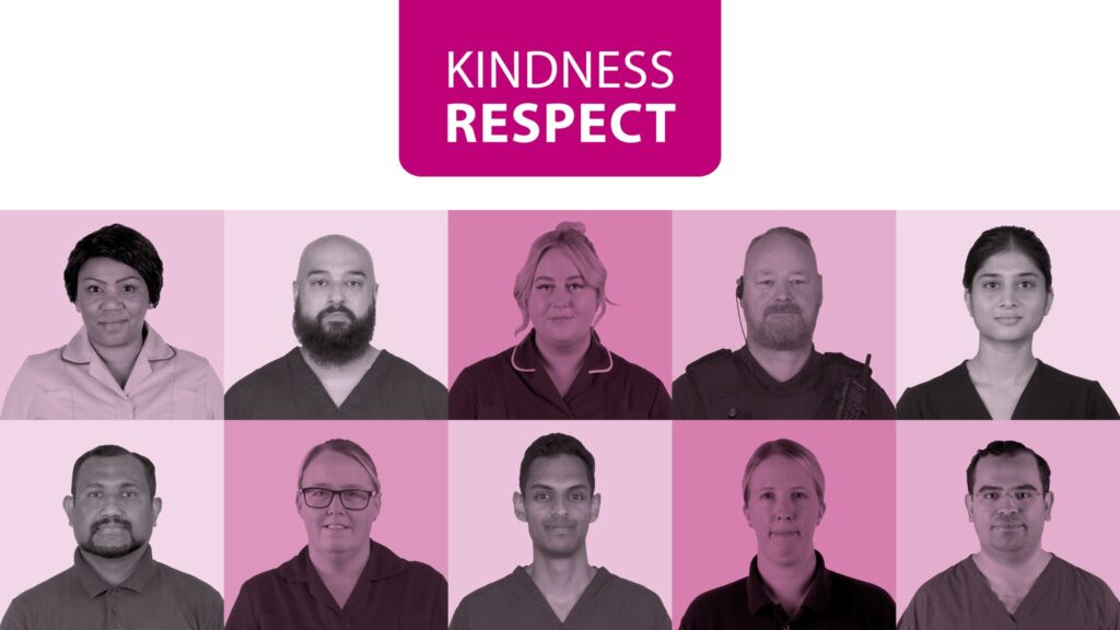 An image featuring ten portrait photographs of colleagues from a variety of roles. Text at the top reads: Kindness Respect.