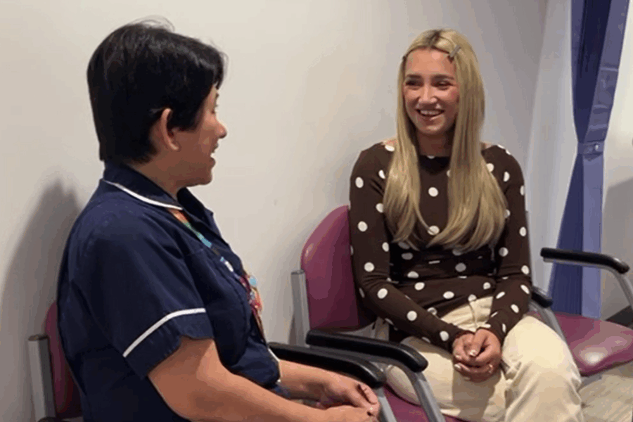 Ward Sister, Precy Vega, and patient Ellie at the Sir Peter Bell Transplant Unit, Glenfield Hospital