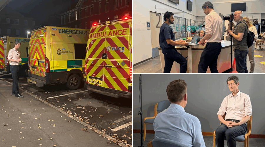 A montage of pictures taken of the BBC filming team inside Leicester's hospitals