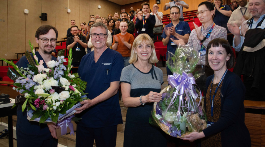 Professor Tim Coats and Dr Ffion Davies at an event marking their retirement, held at the Leicester Royal Infirmary.