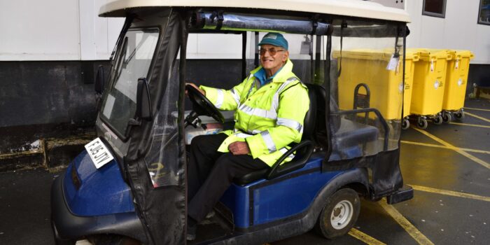 Volunteer, Gerald Brown, outside in his buggy.
