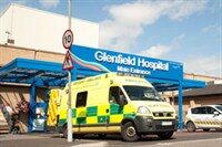 Glenfield hospital entrance with ambulance parked outside